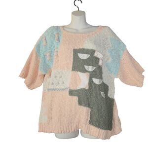 Vtg Mervyns Partners Women 1X Knit Sweater Chunky 3D Pastel Abstract Dragon 80s